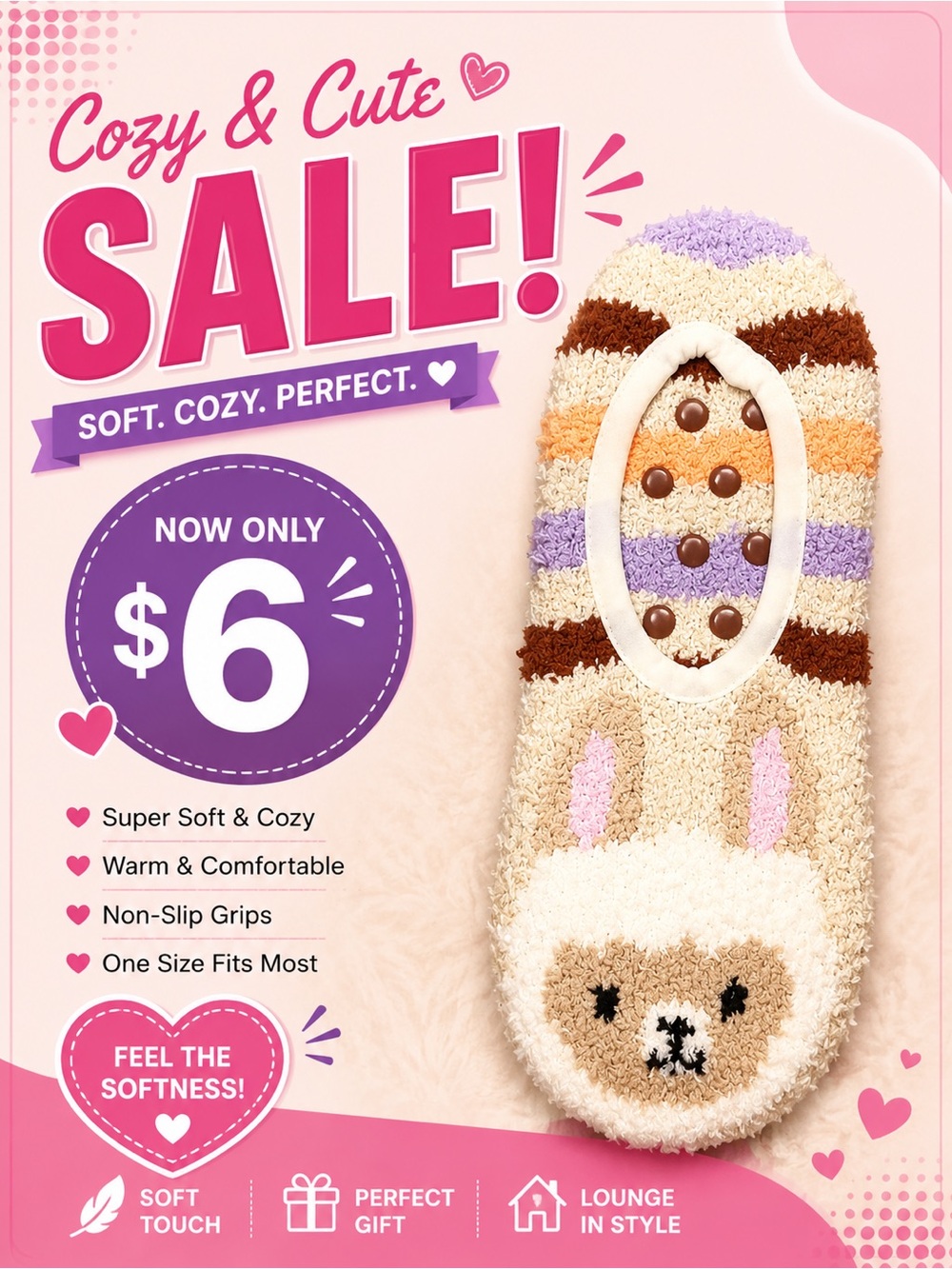 🩷. 8057. Cozy Cute Small Pet Plush Slipper Bed - Pink, Cream, Brown